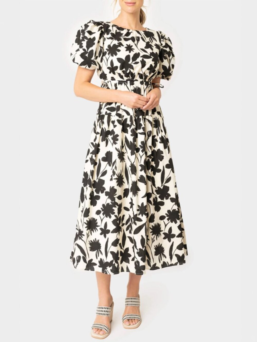 Moon River Ivory Black Cotton Floral Cut Out Midi Dress Size S